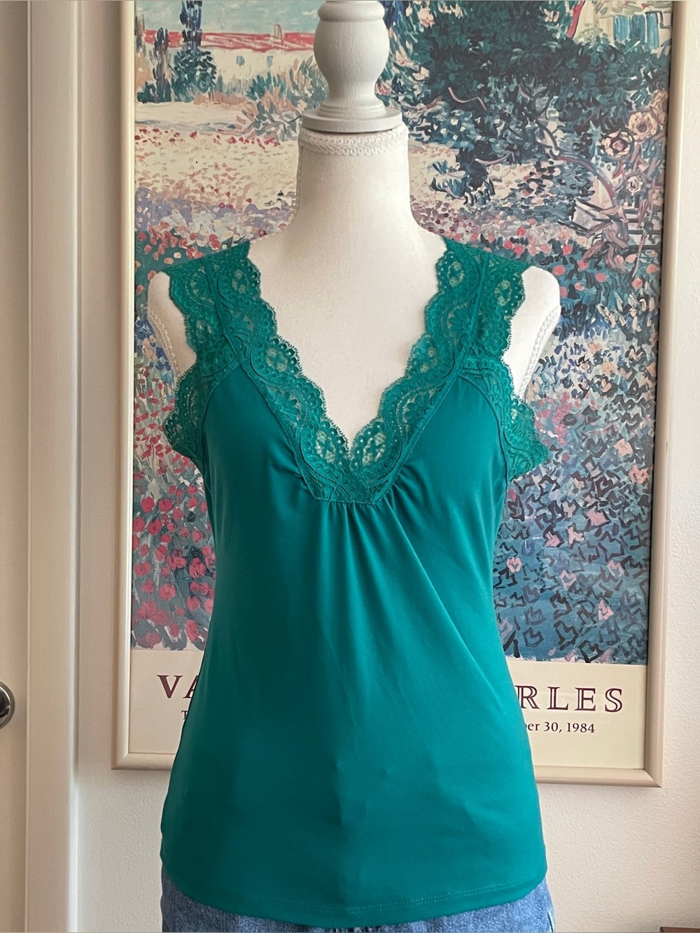 Y2K Lace Trim Tank Top Teal Green V-Neck Fitted Coquette Sz XS New York Company